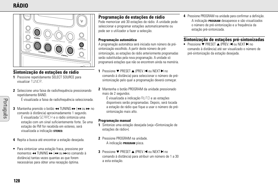 Português rádio, Sintonização de estações de rádio, Programação de estações de rádio | Sintonização de estações pré-sintonizadas | Philips MC145C-37 User Manual | Page 128 / 148