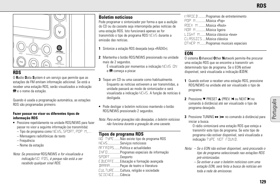 Português rds, Boletim noticioso, Tipos de programa rds | Philips MC145C-37 User Manual | Page 129 / 148