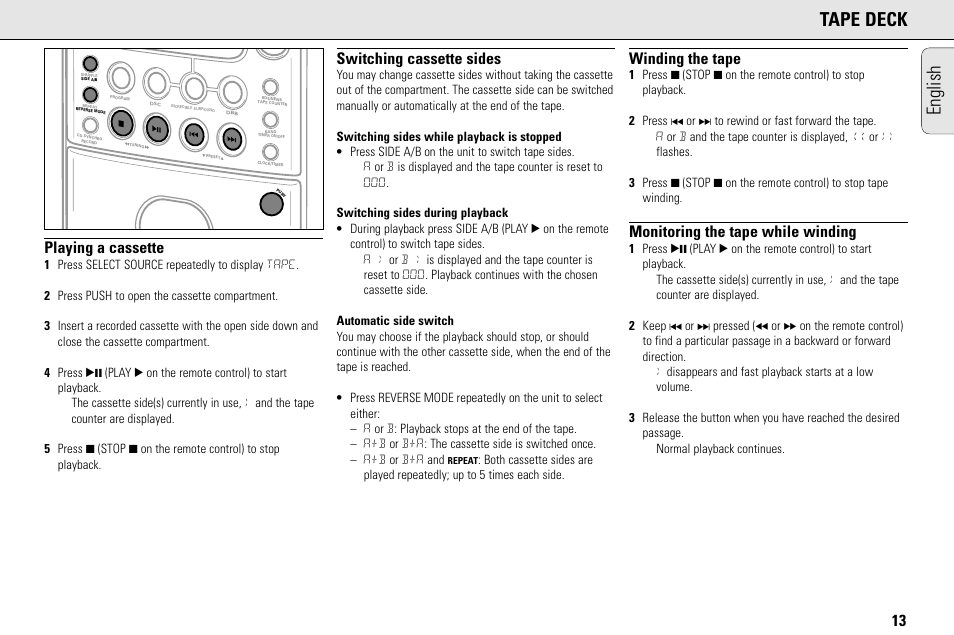 English tape deck, Playing a cassette, Switching cassette sides | Winding the tape, Monitoring the tape while winding | Philips MC145C-37 User Manual | Page 13 / 148