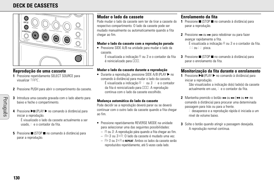 Português deck de cassetes, Reprodução de uma cassete, Mudar o lado da cassete | Enrolamento da fita, Monitorização da fita durante o enrolamento | Philips MC145C-37 User Manual | Page 130 / 148