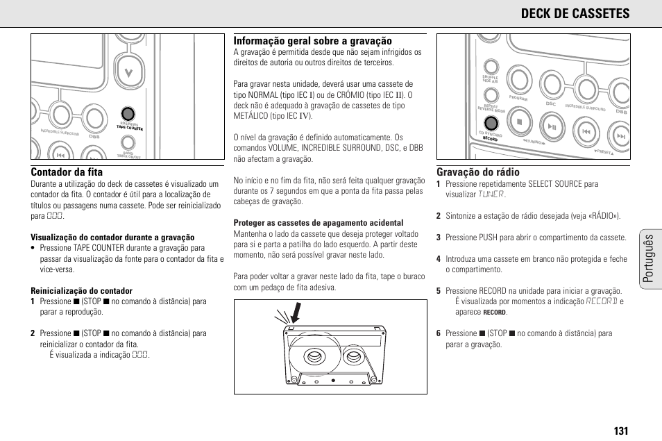 Português deck de cassetes, Contador da fita, Informação geral sobre a gravação | Gravação do rádio | Philips MC145C-37 User Manual | Page 131 / 148