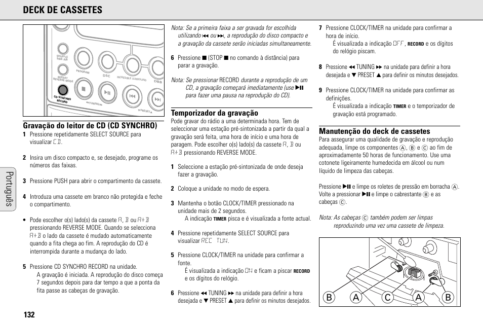 Ab a c b, Português deck de cassetes, Gravação do leitor de cd (cd synchro) | Temporizador da gravação, Manutenção do deck de cassetes | Philips MC145C-37 User Manual | Page 132 / 148