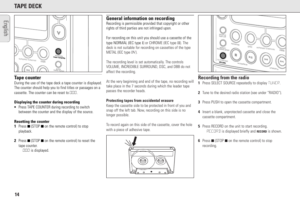 English tape deck, Tape counter, General information on recording | Recording from the radio | Philips MC145C-37 User Manual | Page 14 / 148