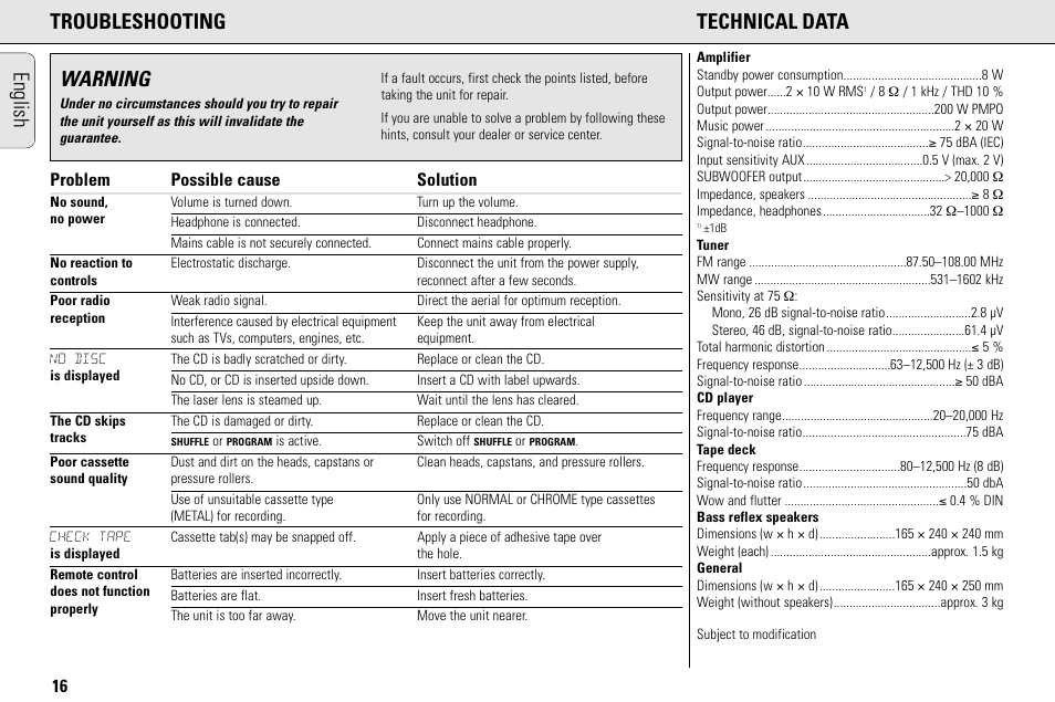 English troubleshooting technical data, Warning, Problem possible cause solution | Philips MC145C-37 User Manual | Page 16 / 148