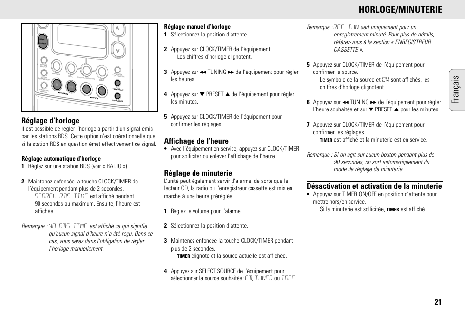 Français horloge/minuterie, Réglage d’horloge, Affichage de l’heure | Réglage de minuterie, Désactivation et activation de la minuterie | Philips MC145C-37 User Manual | Page 21 / 148