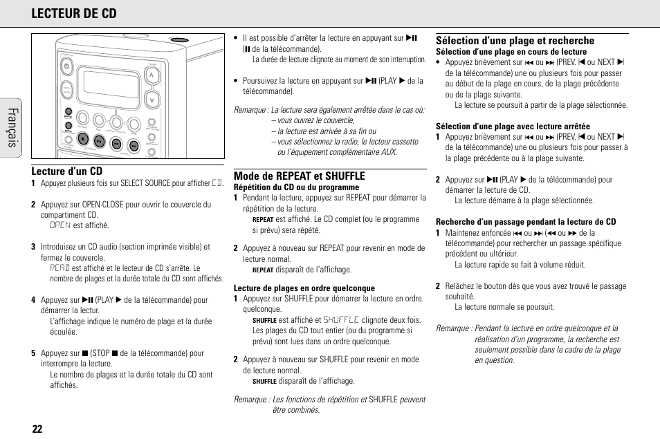 Français lecteur de cd, Lecture d’un cd, Mode de repeat et shuffle | Sélection d’une plage et recherche, Lo s e | Philips MC145C-37 User Manual | Page 22 / 148