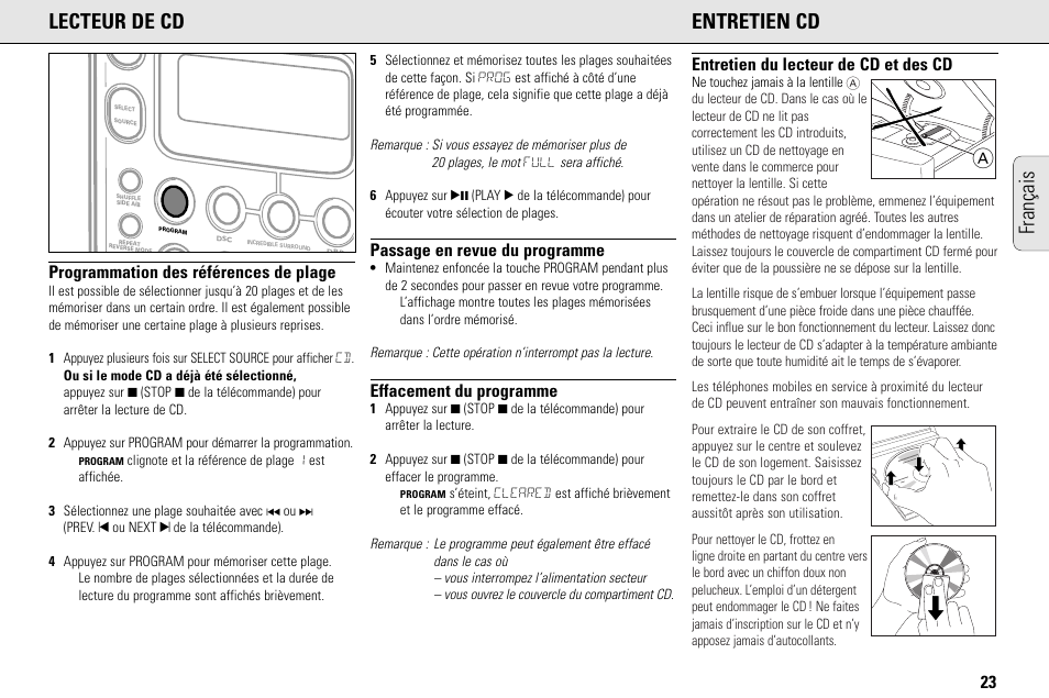 Afrançais lecteur de cd entretien cd, Programmation des références de plage, Passage en revue du programme | Effacement du programme, Entretien du lecteur de cd et des cd | Philips MC145C-37 User Manual | Page 23 / 148