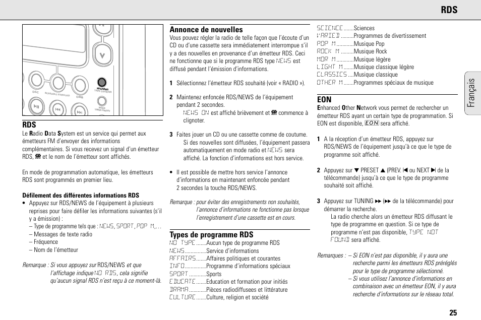 Français rds, Annonce de nouvelles, Types de programme rds | Philips MC145C-37 User Manual | Page 25 / 148