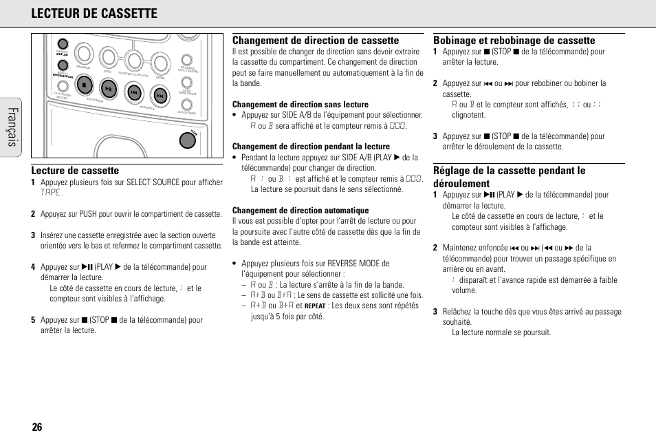 Français lecteur de cassette, Lecture de cassette, Changement de direction de cassette | Bobinage et rebobinage de cassette, Réglage de la cassette pendant le déroulement | Philips MC145C-37 User Manual | Page 26 / 148