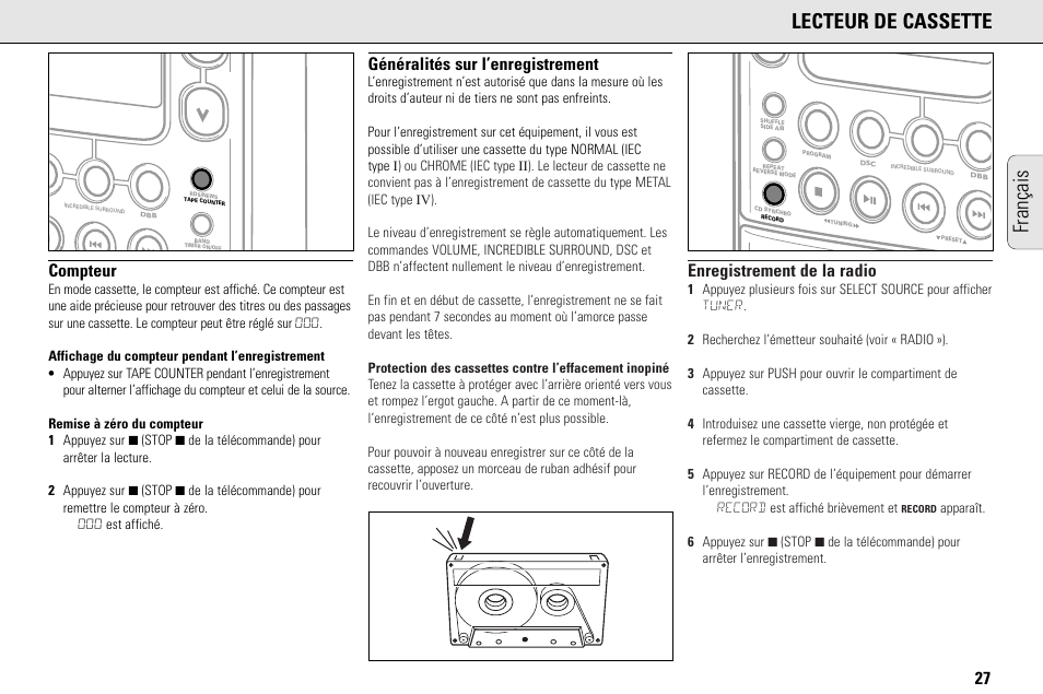 Français lecteur de cassette, Compteur, Généralités sur l’enregistrement | Enregistrement de la radio | Philips MC145C-37 User Manual | Page 27 / 148