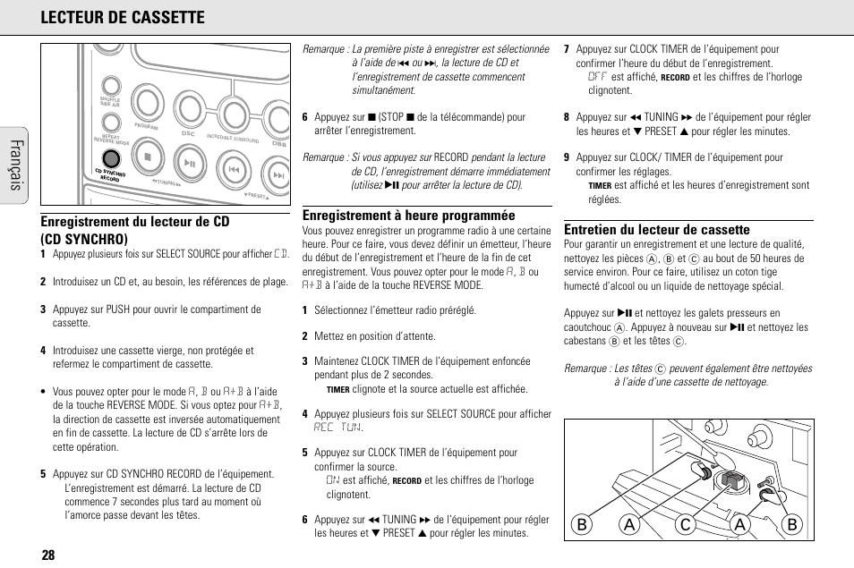 Ab a c b, Français lecteur de cassette, Enregistrement du lecteur de cd (cd synchro) | Enregistrement à heure programmée, Entretien du lecteur de cassette | Philips MC145C-37 User Manual | Page 28 / 148