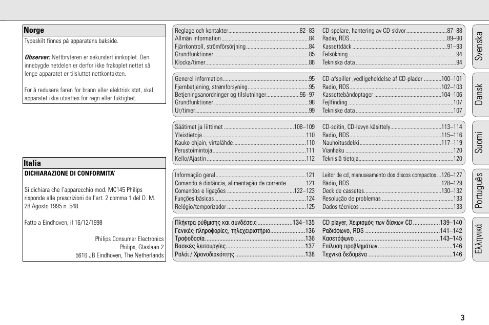 Svenska dansk suomi português | Philips MC145C-37 User Manual | Page 3 / 148