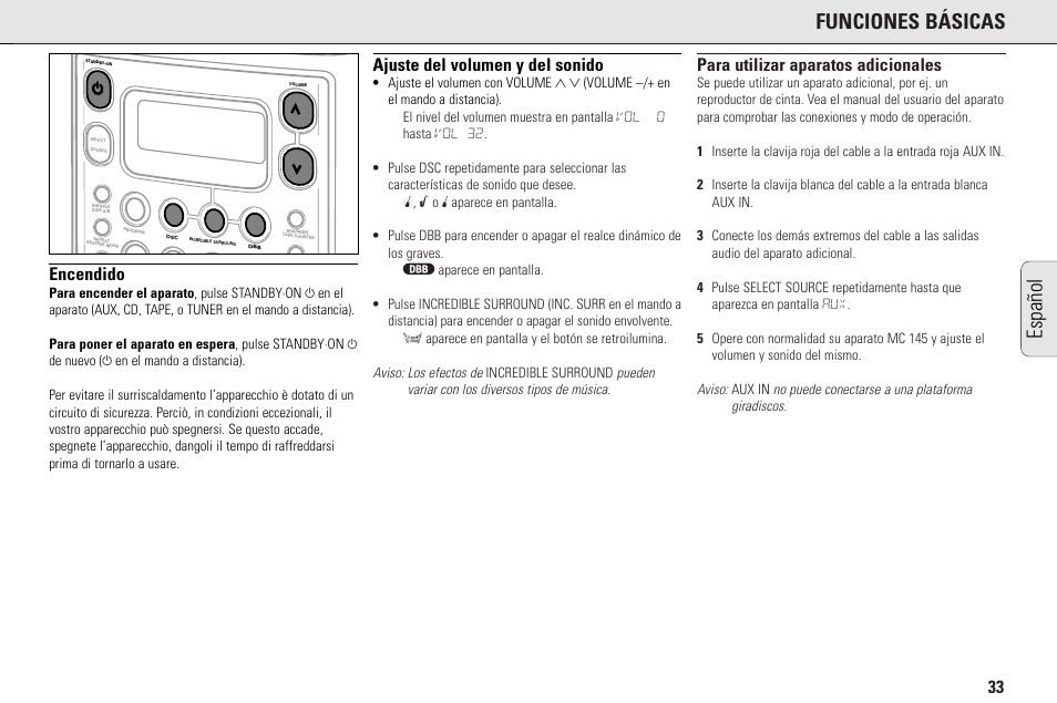 Funciones básicas, Español, Encendido | Ajuste del volumen y del sonido, Para utilizar aparatos adicionales | Philips MC145C-37 User Manual | Page 33 / 148