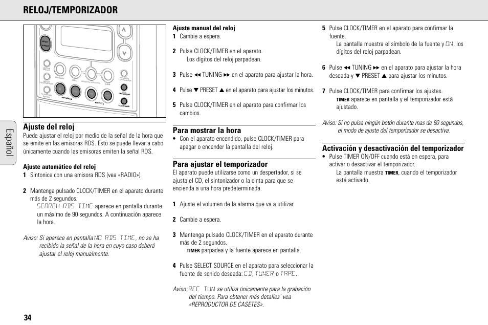 Reloj/temporizador, Español, Ajuste del reloj | Para mostrar la hora, Para ajustar el temporizador, Activación y desactivación del temporizador | Philips MC145C-37 User Manual | Page 34 / 148