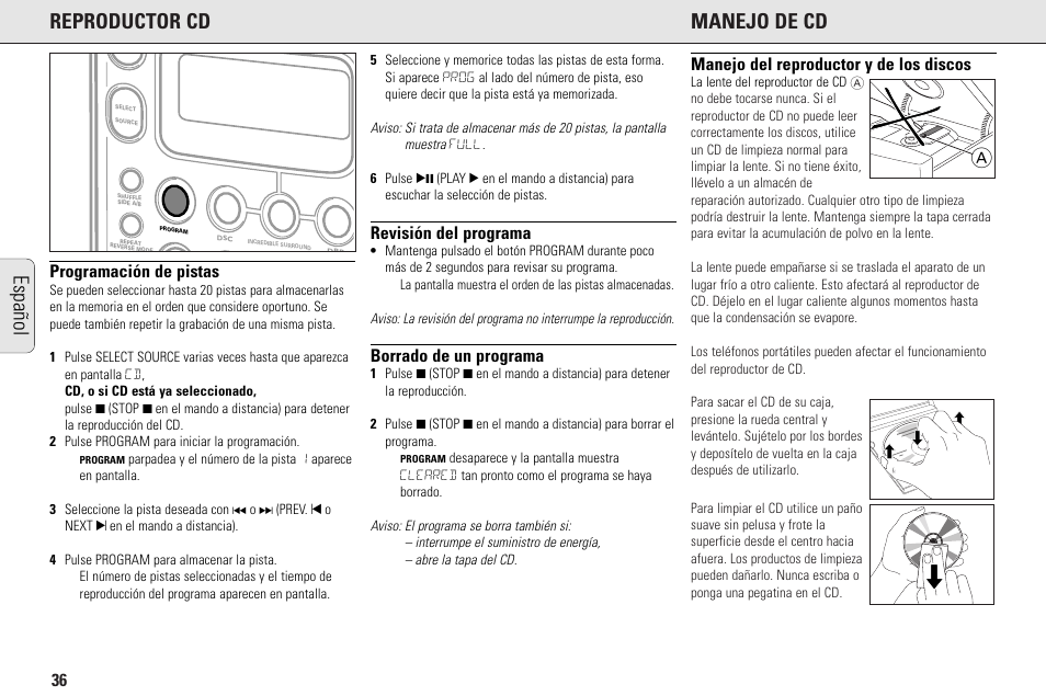 Areproductor cd manejo de cd, Español, Programación de pistas | Revisión del programa, Borrado de un programa, Manejo del reproductor y de los discos | Philips MC145C-37 User Manual | Page 36 / 148
