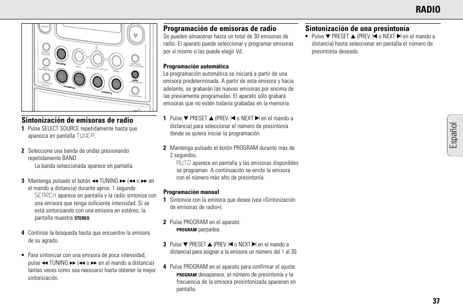 Radio, Español, Sintonización de emisoras de radio | Programación de emisoras de radio, Sintonización de una presintonía | Philips MC145C-37 User Manual | Page 37 / 148