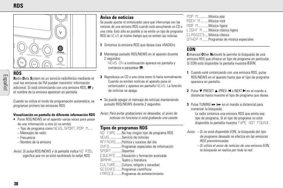 Español, Aviso de noticias, Tipos de programas rds | Philips MC145C-37 User Manual | Page 38 / 148