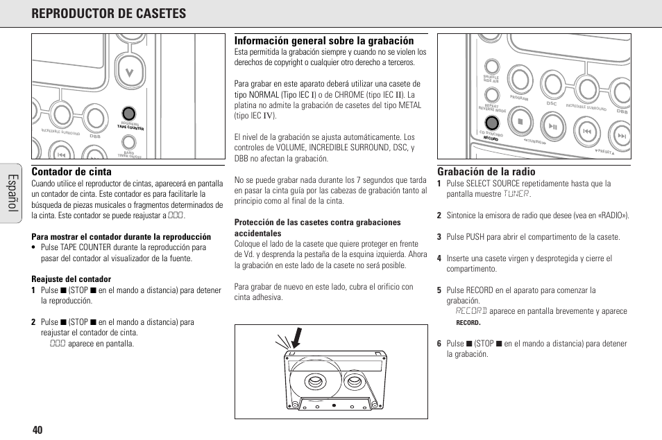 Reproductor de casetes, Español, Contador de cinta | Información general sobre la grabación, Grabación de la radio | Philips MC145C-37 User Manual | Page 40 / 148
