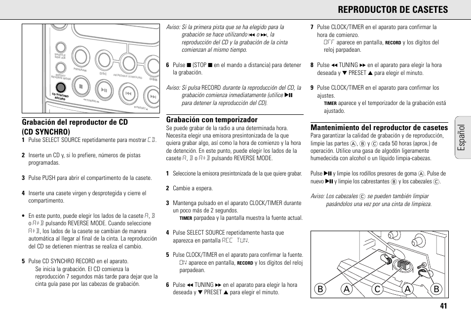 Ab a c b, Reproductor de casetes, Español | Grabación del reproductor de cd (cd synchro), Grabación con temporizador, Mantenimiento del reproductor de casetes | Philips MC145C-37 User Manual | Page 41 / 148