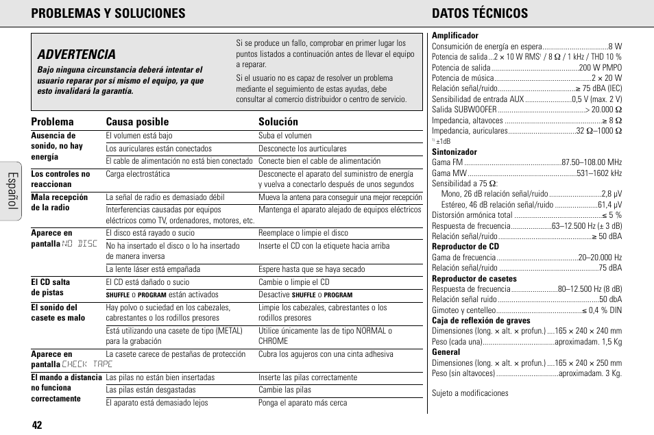 Problemas y soluciones datos técnicos, Advertencia, Español | Problema causa posible solución | Philips MC145C-37 User Manual | Page 42 / 148