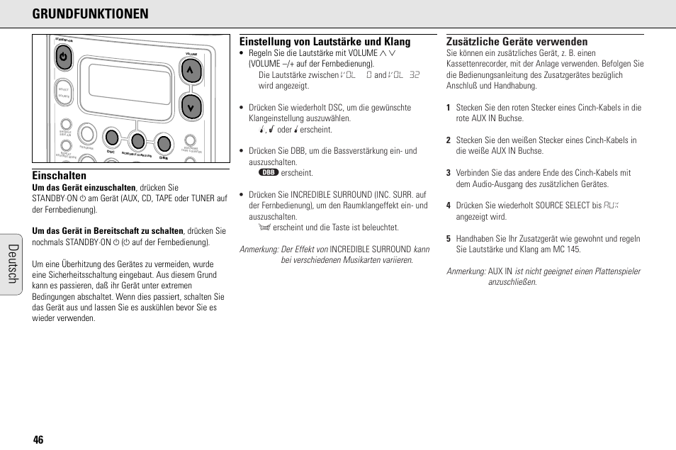 Deutsch grundfunktionen, Einschalten, Einstellung von lautstärke und klang | Zusätzliche geräte verwenden | Philips MC145C-37 User Manual | Page 46 / 148