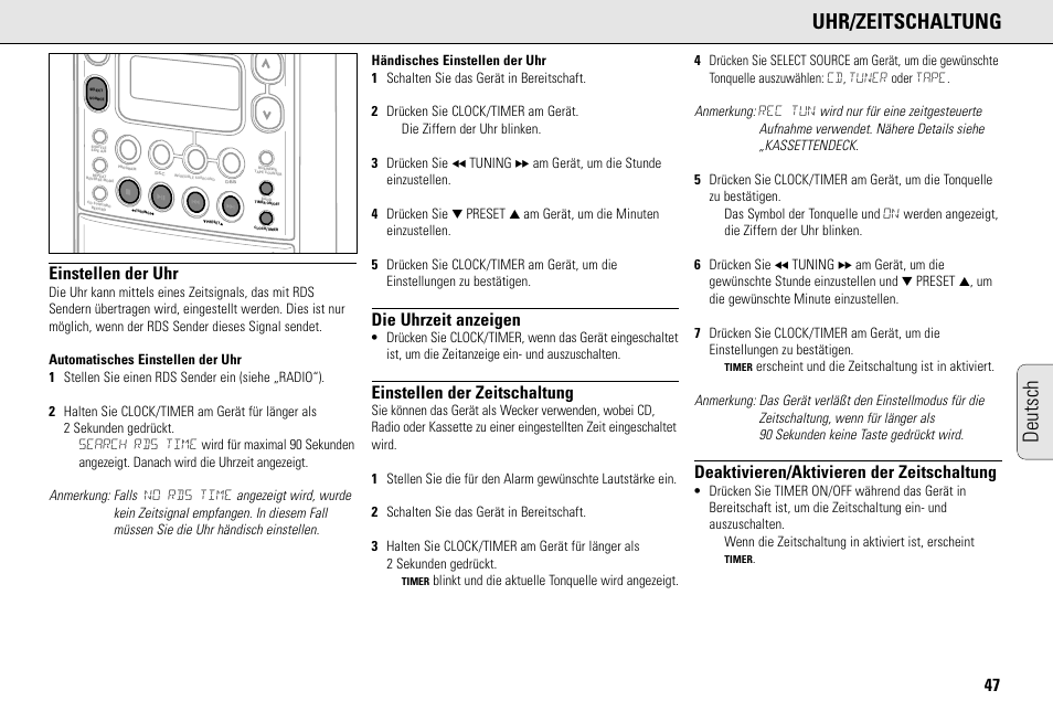 Deutsch uhr/zeitschaltung, Einstellen der uhr, Die uhrzeit anzeigen | Einstellen der zeitschaltung, Deaktivieren/aktivieren der zeitschaltung | Philips MC145C-37 User Manual | Page 47 / 148