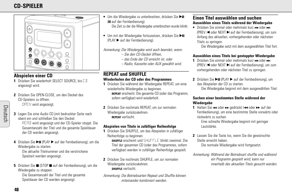 Deutsch cd-spieler, Abspielen einer cd, Repeat und shuffle | Einen titel auswählen und suchen, Lo s e | Philips MC145C-37 User Manual | Page 48 / 148