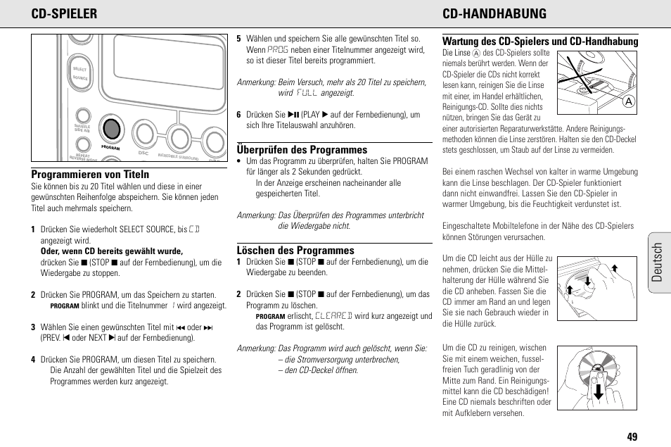 Adeutsch cd-spieler cd-handhabung, Programmieren von titeln, Überprüfen des programmes | Löschen des programmes, Wartung des cd-spielers und cd-handhabung | Philips MC145C-37 User Manual | Page 49 / 148