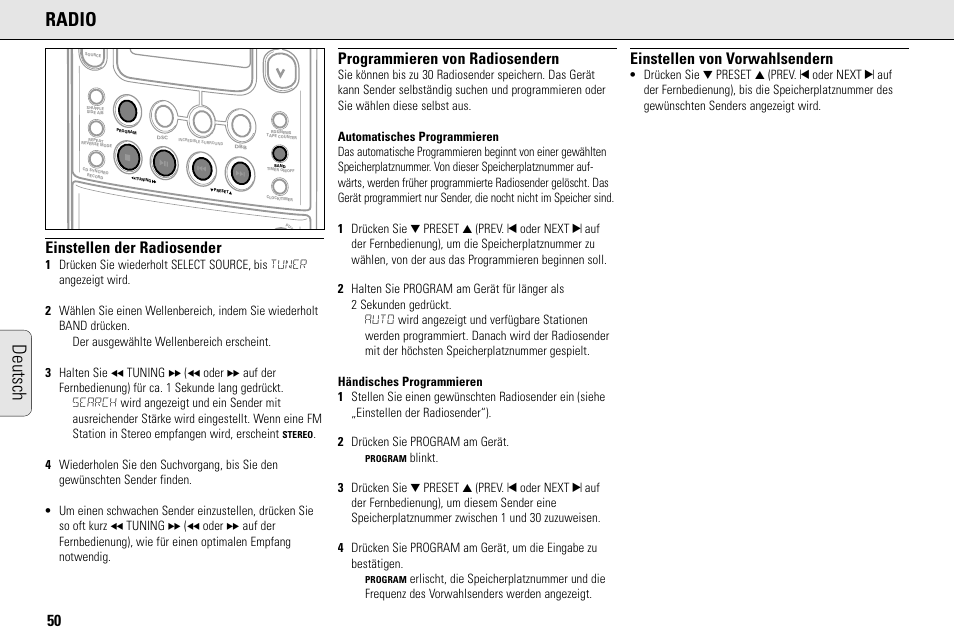 Deutsch radio, Einstellen der radiosender, Programmieren von radiosendern | Einstellen von vorwahlsendern | Philips MC145C-37 User Manual | Page 50 / 148