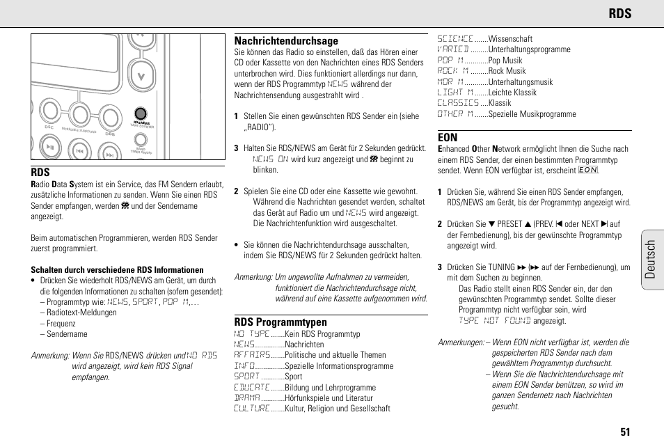 Deutsch rds, Nachrichtendurchsage, Rds programmtypen | Philips MC145C-37 User Manual | Page 51 / 148