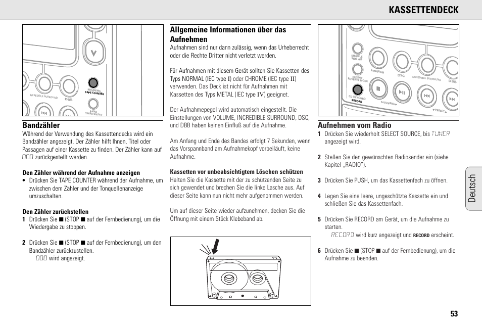 Deutsch kassettendeck, Bandzähler, Allgemeine informationen über das aufnehmen | Aufnehmen vom radio | Philips MC145C-37 User Manual | Page 53 / 148