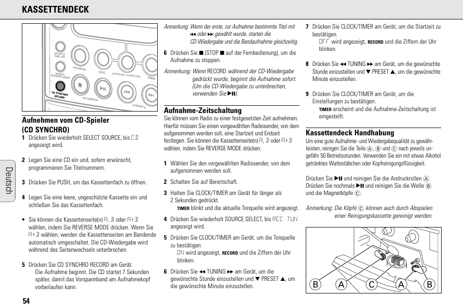 Ab a c b, Deutsch kassettendeck, Aufnehmen vom cd-spieler (cd synchro) | Aufnahme-zeitschaltung, Kassettendeck handhabung | Philips MC145C-37 User Manual | Page 54 / 148