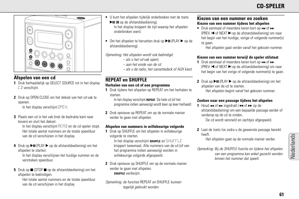 Cd-speler, Nederlands, Afspelen van een cd | Repeat en shuffle, Kiezen van een nummer en zoeken, Lo s e | Philips MC145C-37 User Manual | Page 61 / 148