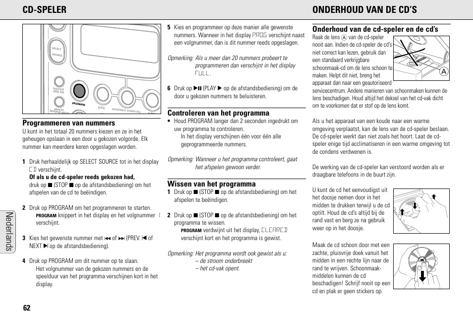 Acd-speler onderhoud van de cd’s, Nederlands, Programmeren van nummers | Controleren van het programma, Wissen van het programma, Onderhoud van de cd-speler en de cd’s | Philips MC145C-37 User Manual | Page 62 / 148