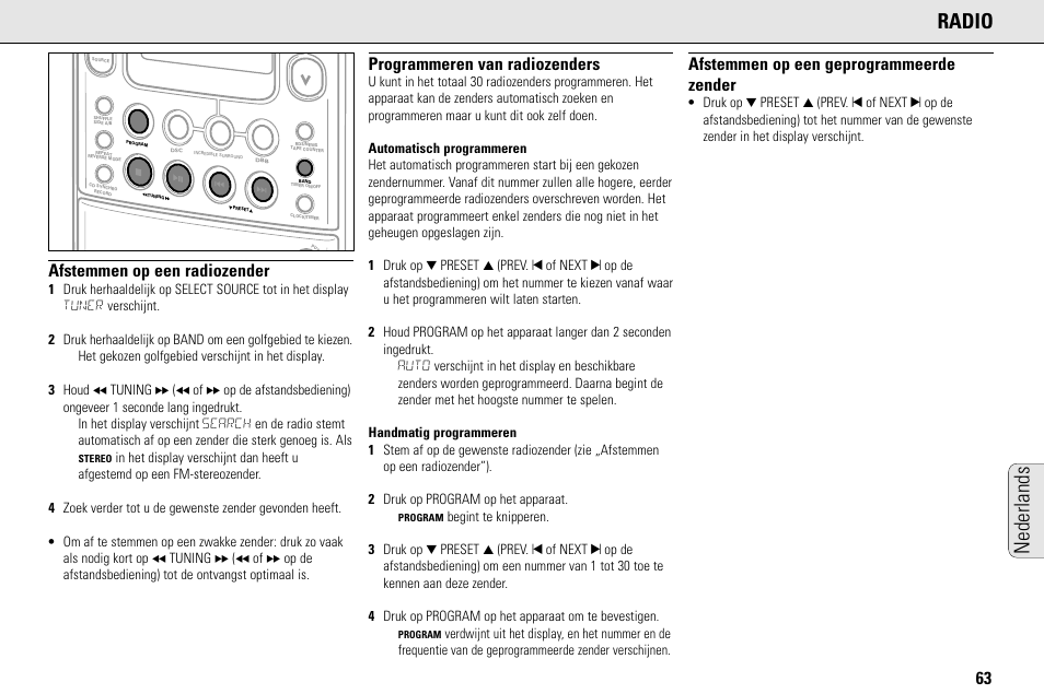 Radio, Nederlands, Afstemmen op een radiozender | Programmeren van radiozenders, Afstemmen op een geprogrammeerde zender | Philips MC145C-37 User Manual | Page 63 / 148