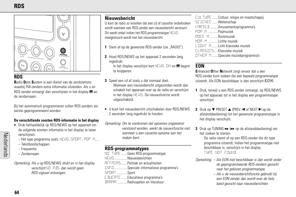 Nederlands, Nieuwsbericht, Rds-programmatypes | Philips MC145C-37 User Manual | Page 64 / 148