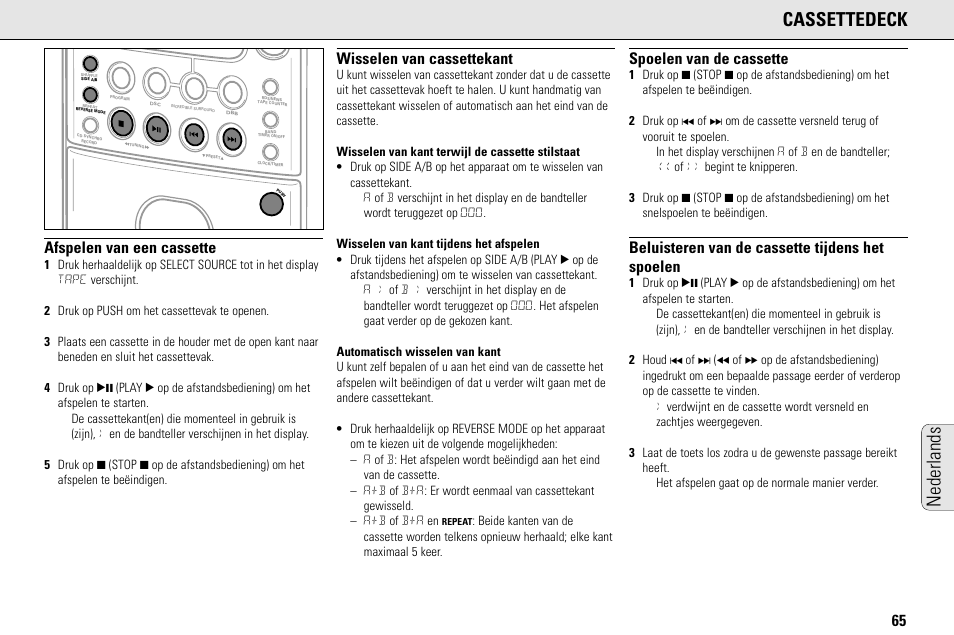 Cassettedeck, Nederlands, Afspelen van een cassette | Wisselen van cassettekant, Spoelen van de cassette, Beluisteren van de cassette tijdens het spoelen | Philips MC145C-37 User Manual | Page 65 / 148