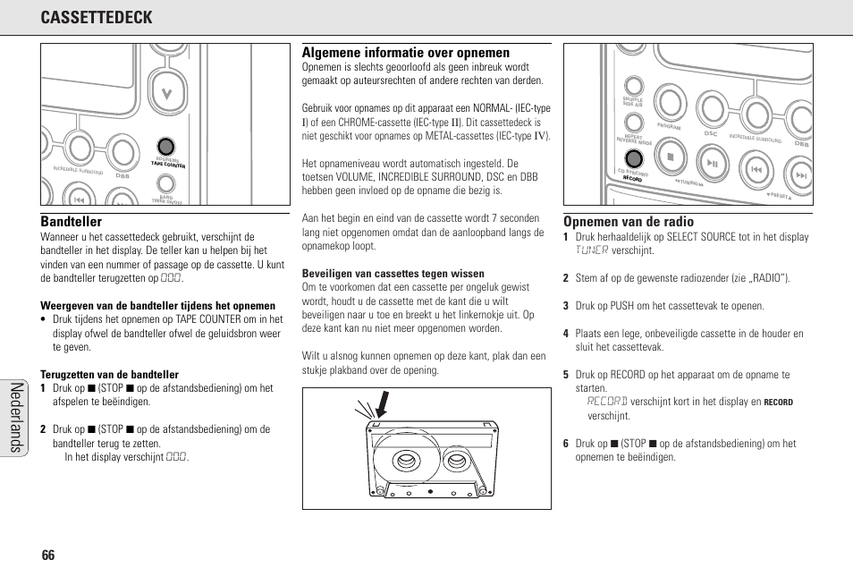 Cassettedeck, Nederlands, Bandteller | Algemene informatie over opnemen, Opnemen van de radio | Philips MC145C-37 User Manual | Page 66 / 148