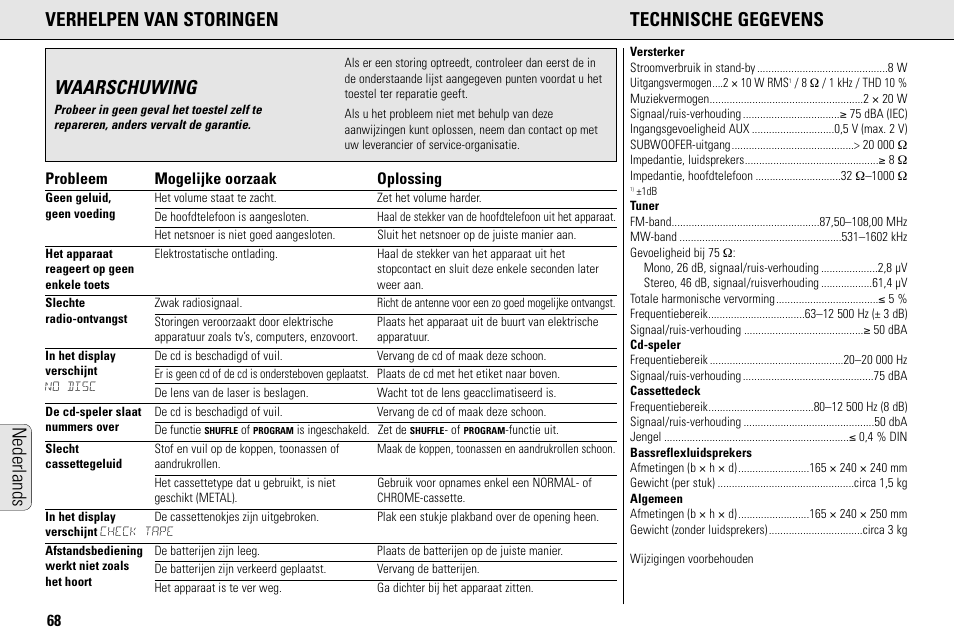 Verhelpen van storingen technische gegevens, Waarschuwing, Nederlands | Probleem mogelijke oorzaak oplossing | Philips MC145C-37 User Manual | Page 68 / 148