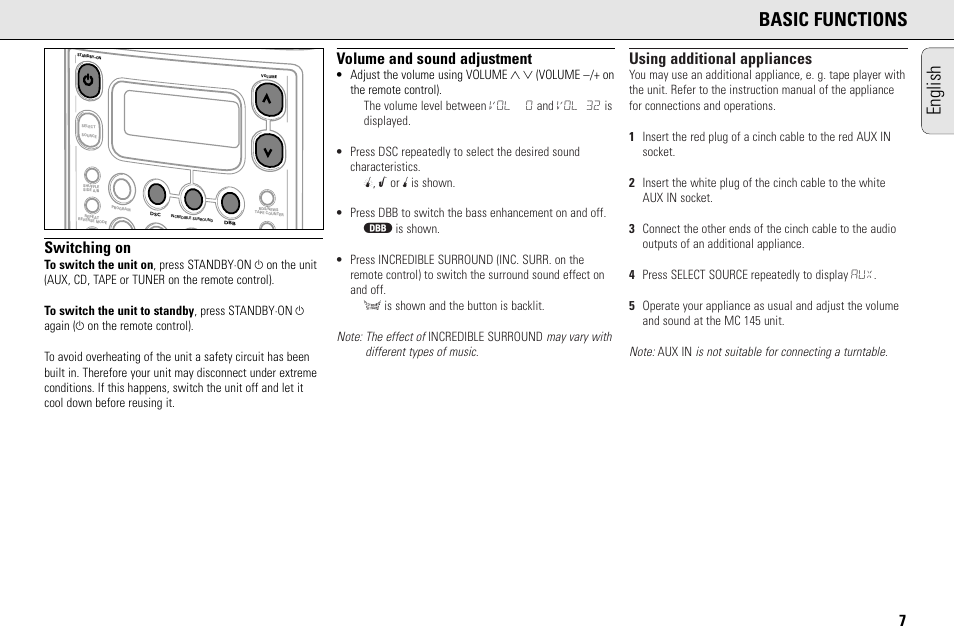 English basic functions, Switching on, Volume and sound adjustment | Using additional appliances | Philips MC145C-37 User Manual | Page 7 / 148