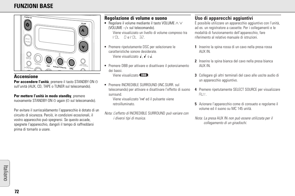 Italiano funzioni base, Accensione, Regolazione di volume e suono | Uso di apparecchi aggiuntivi | Philips MC145C-37 User Manual | Page 72 / 148