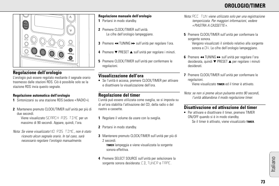 Italiano orologio/timer, Regolazione dell’orologio, Visualizzazione dell’ora | Regolazione del timer, Disattivazione ed attivazione del timer | Philips MC145C-37 User Manual | Page 73 / 148