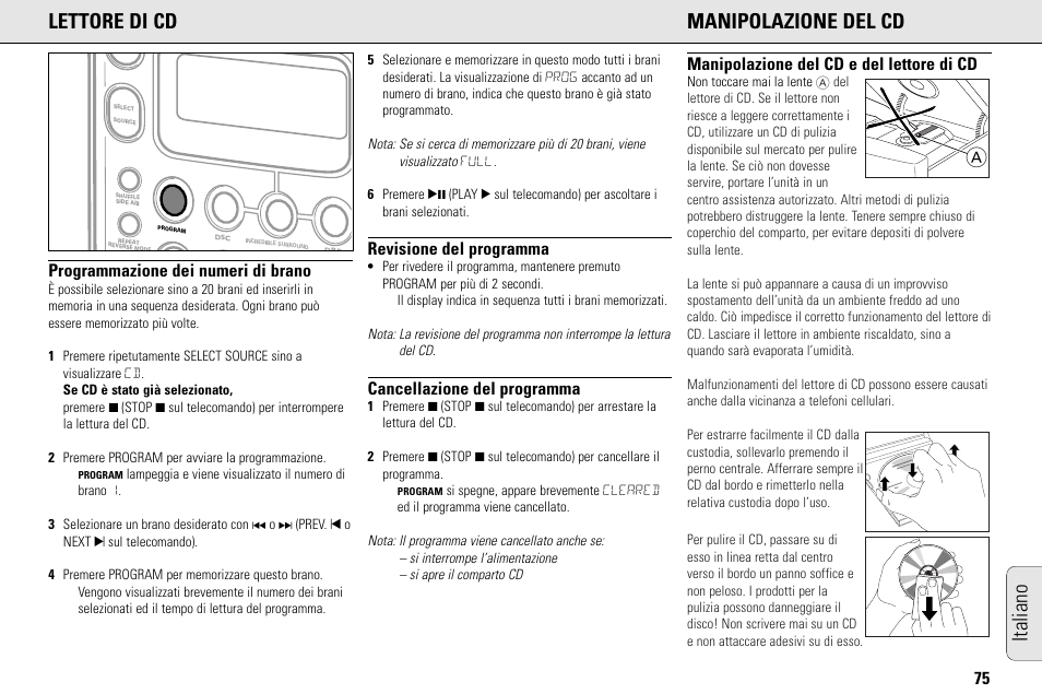 Aitaliano lettore di cd manipolazione del cd, Programmazione dei numeri di brano, Revisione del programma | Cancellazione del programma, Manipolazione del cd e del lettore di cd | Philips MC145C-37 User Manual | Page 75 / 148