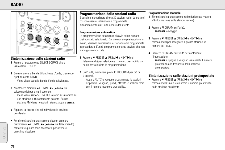 Italiano radio, Sintonizzazione sulle stazioni radio, Programmazione delle stazioni radio | Sintonizzazione sulle stazioni preimpostate | Philips MC145C-37 User Manual | Page 76 / 148