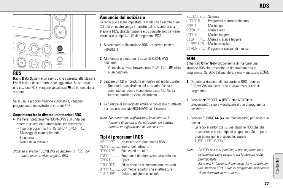 Italiano rds, Annuncio del notiziario, Tipi di programmi rds | Philips MC145C-37 User Manual | Page 77 / 148