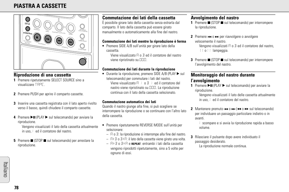 Italiano piastra a cassette, Riproduzione di una cassetta, Commutazione dei lati della cassetta | Avvolgimento del nastro, Monitoraggio del nastro durante l’avvolgimento | Philips MC145C-37 User Manual | Page 78 / 148