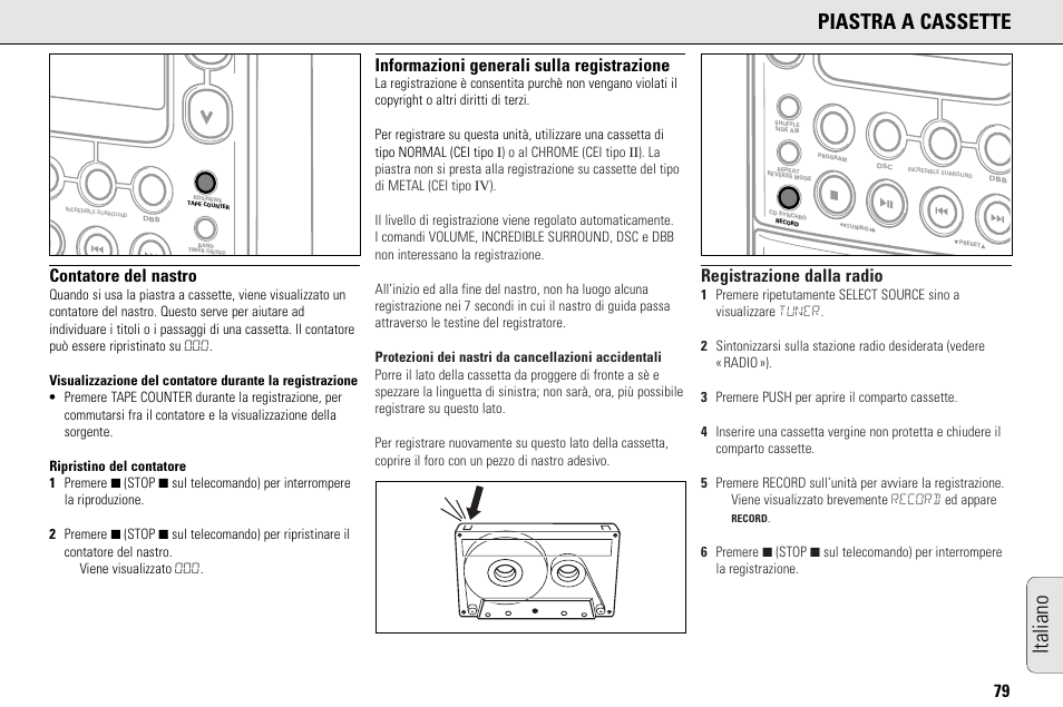 Italiano piastra a cassette, Contatore del nastro, Informazioni generali sulla registrazione | Registrazione dalla radio | Philips MC145C-37 User Manual | Page 79 / 148
