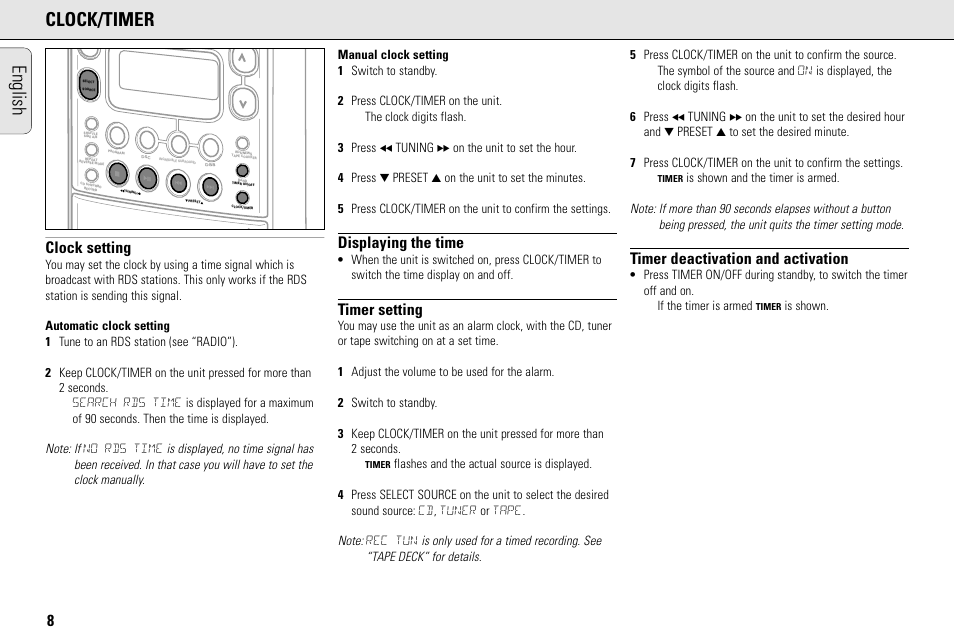 English clock/timer, Clock setting, Displaying the time | Timer setting, Timer deactivation and activation | Philips MC145C-37 User Manual | Page 8 / 148