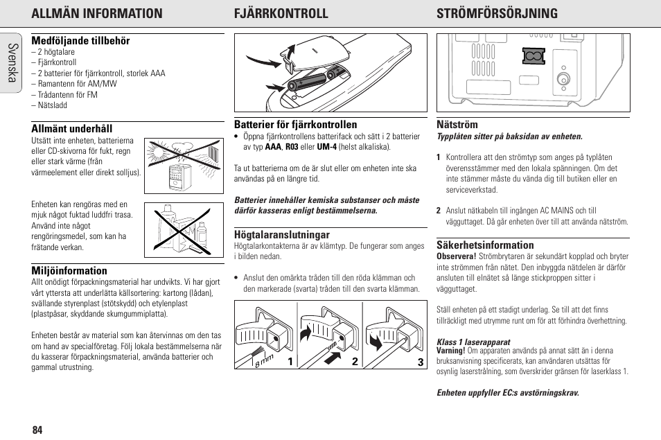 Allmän information fjärrkontroll strömförsörjning, Svenska | Philips MC145C-37 User Manual | Page 84 / 148