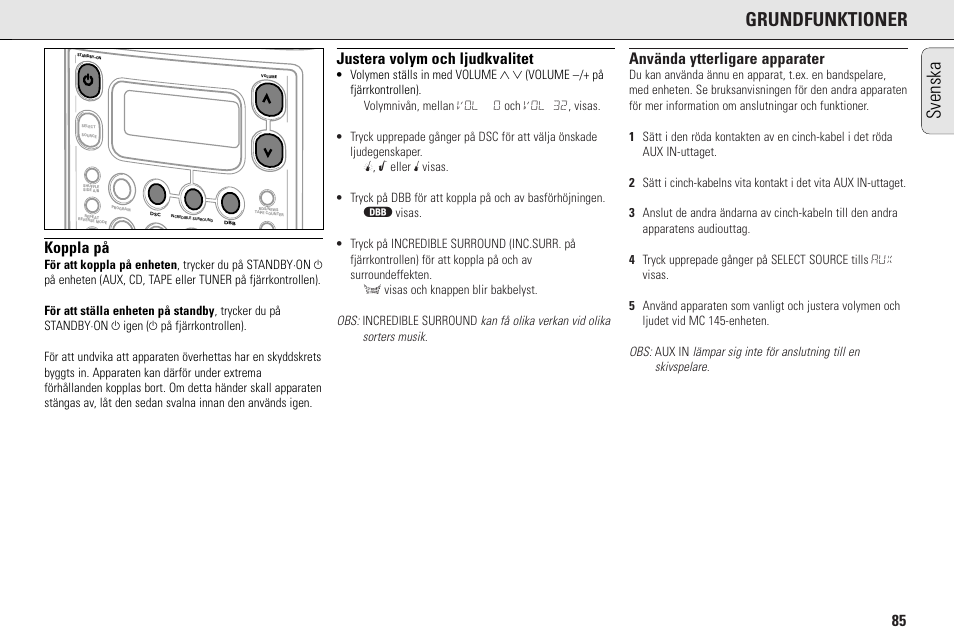 Grundfunktioner, Svenska, Koppla på | Justera volym och ljudkvalitet, Använda ytterligare apparater | Philips MC145C-37 User Manual | Page 85 / 148